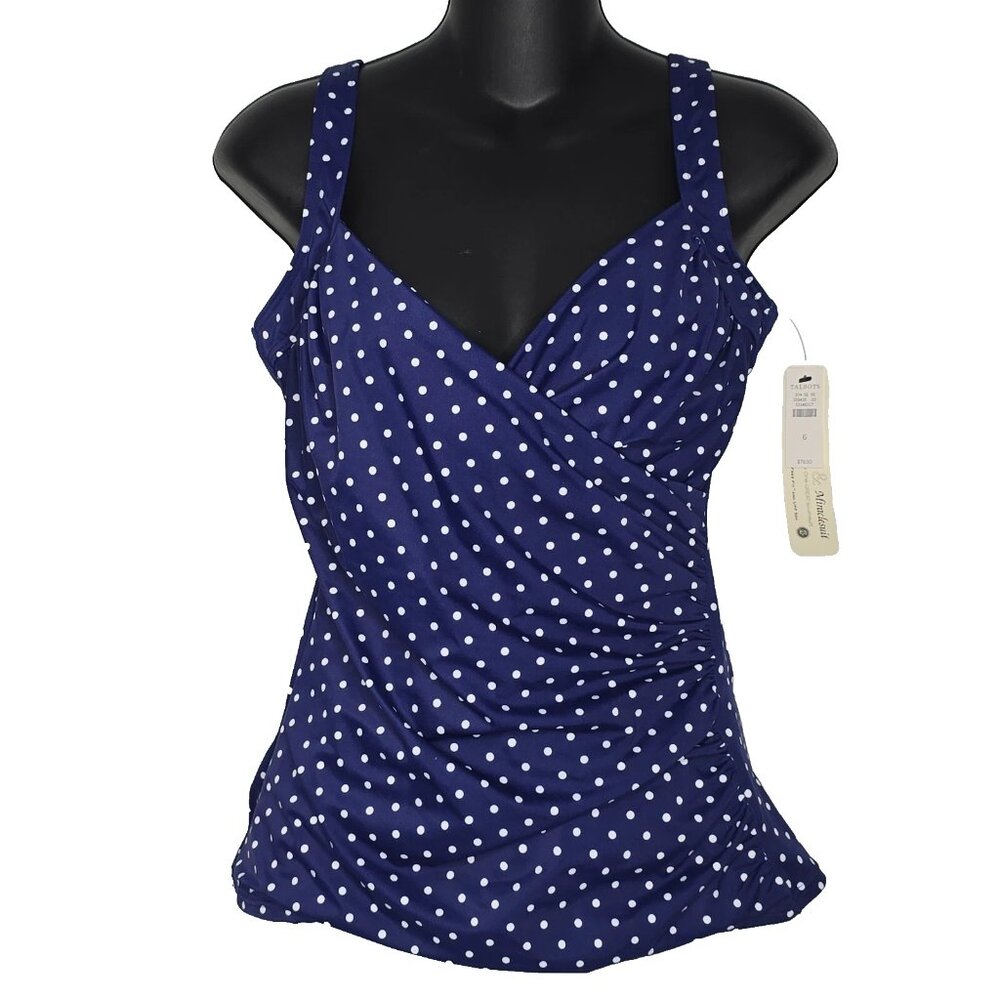 Talbots x Miraclesuit Polka Dot Ruched Tankini Top Size 6 Blue White NEW UPF 50+